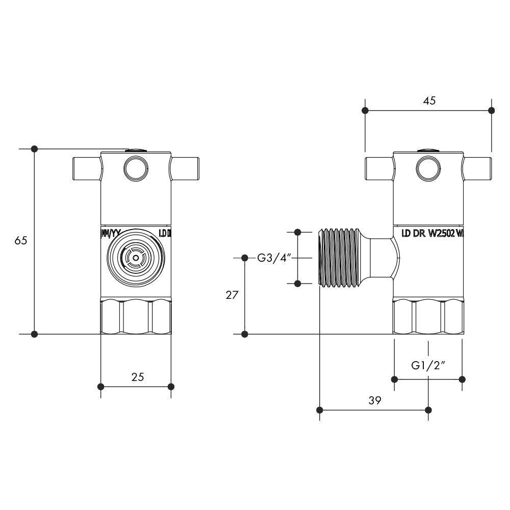 Right Angle Washing Machine Stop Valve 1/4 Turn Capstan
